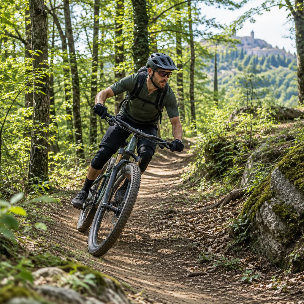 Mountain biker su un trail nel bosco