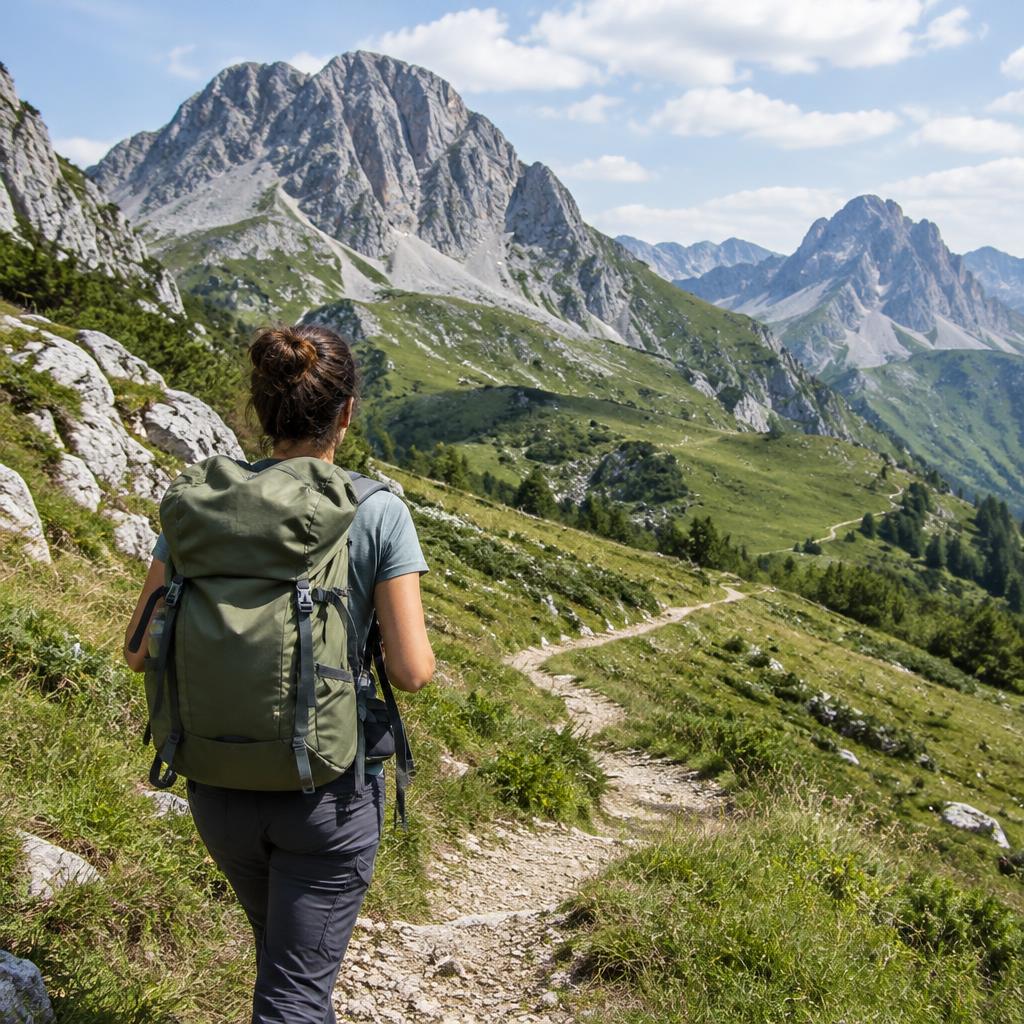 Escursionista con zaino su un sentiero di montagna